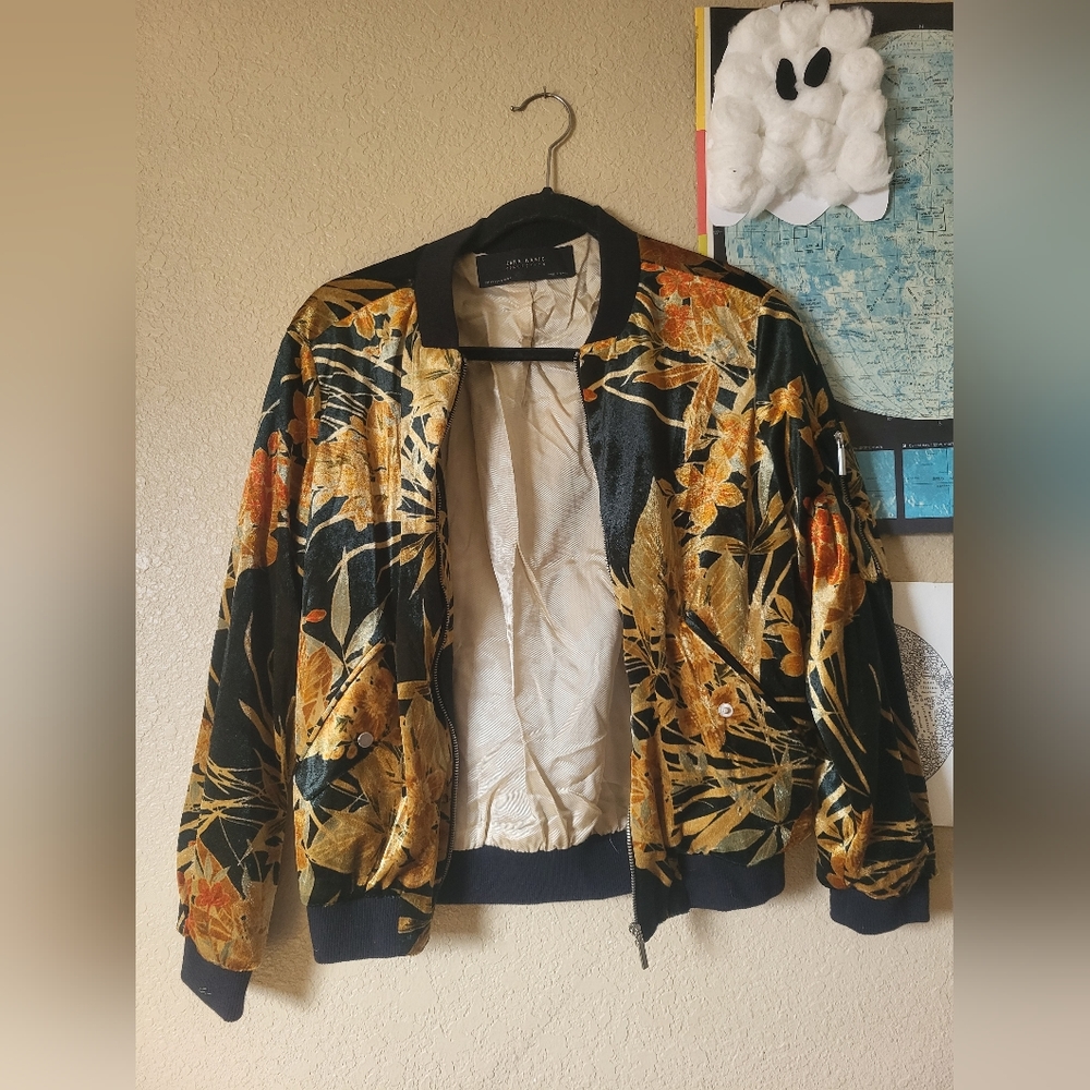 Zara Basic Floral Print Velvet Track Jacket